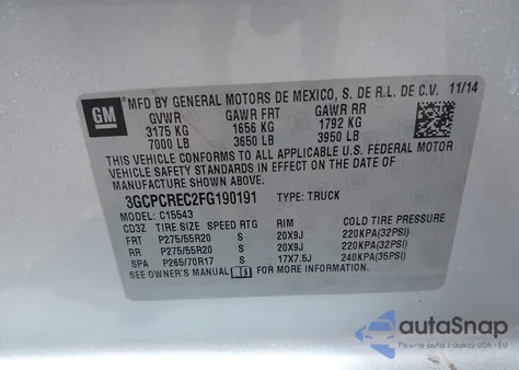 2015 Chevrolet Silverado 1Lt z USA, uszkodzony, nr VIN 3GCPCREC2FG190191